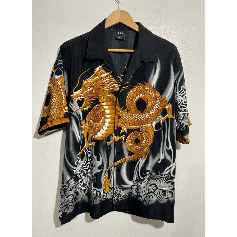 KNU gear dragon fire button up shirt 90's Y2K VTG casual gounge men L